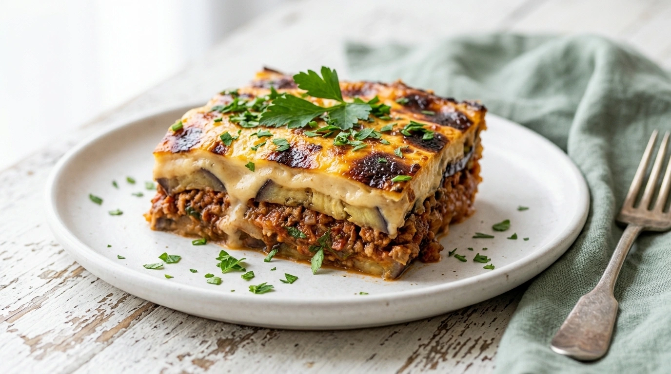 Vegetarisk Moussaka på aubergine och linser